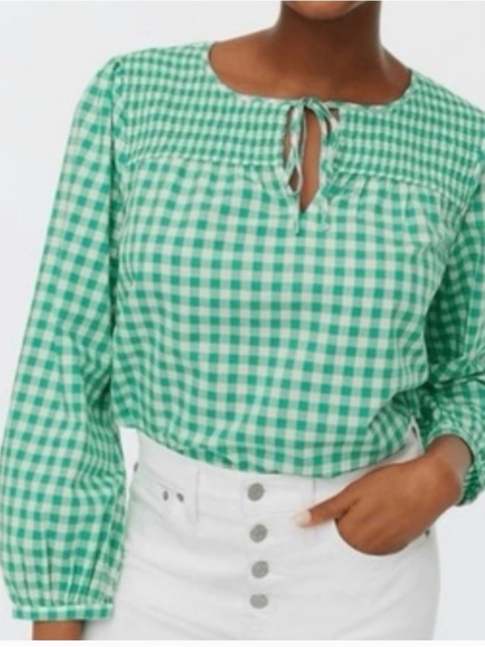 JCrew tie neck smocked top green & white check Medium